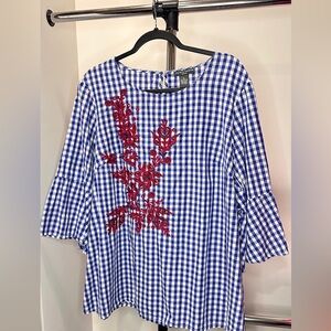 Chelsea & Theodore Blue Gingham Blouse with Red Embroidery